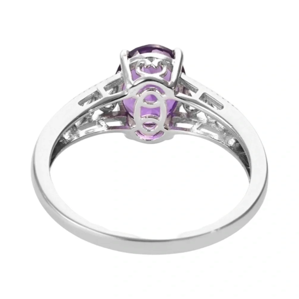 Genuine Amethyst Women’s Silver Platinum Bond Brass Ring Feburary Birthstone